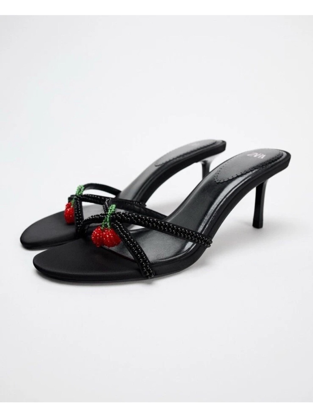 Zara Black Beaded Cherry-Accent Mid-Heel Sandals